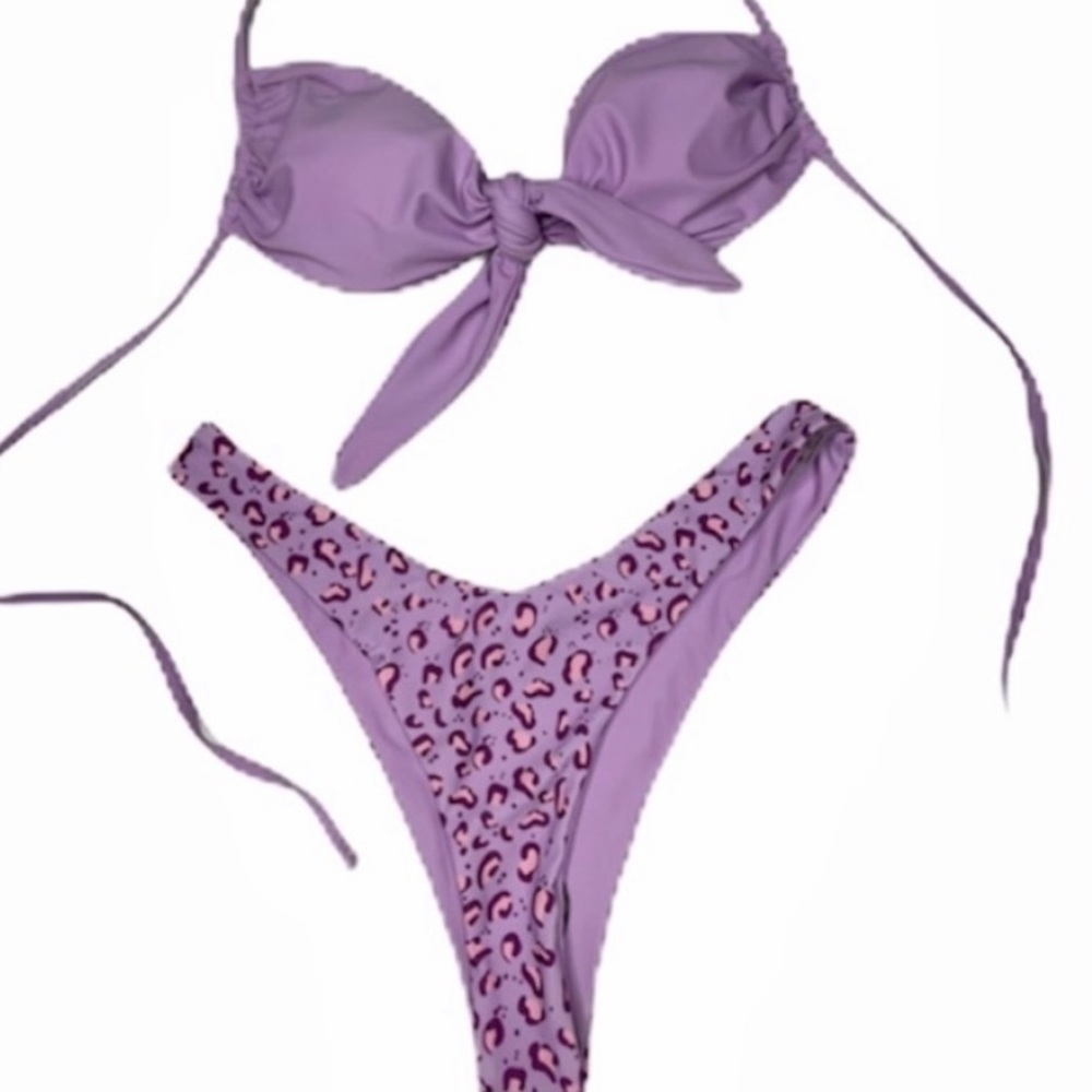 Shein cheeky bikini size large lavender leopard print tie halter NEW
